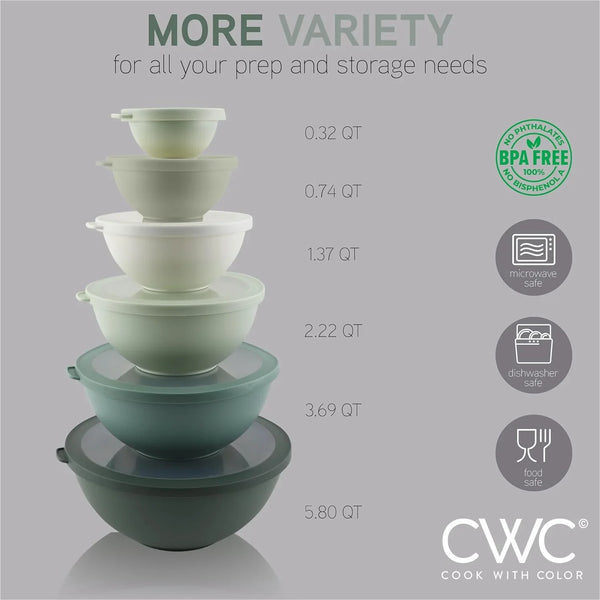 Mixing Bowls with TPR Lids - 12 Piece Plastic Nesting Bowls Set Includes 6 Prep Bowls and 6 Lids - Microwave Safe (Sage)3