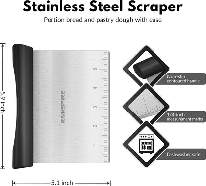 Multi-Purpose Stainless Steel Bench Scraper Dough Blender & Pastry Cutter | Dishwasher Safe Measurement Marks Non-Slip Comfortable Handle Dough Scraper Food Chopper for Bread Baking Supplies Black2