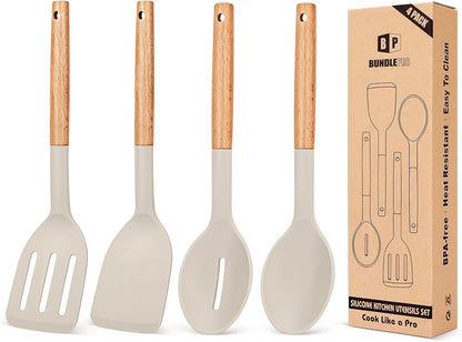 Pack of 4 Silicone Cooking Utensils Set, Non Stick Solid Spatulas and Heat Resistant Slotted Spoons with Wooden Handle, Ideal Wood Kitchen Utensils Set for Frying,Serving,Turning,Stirring (KHAKI)1
