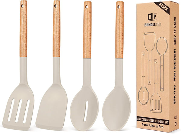 Pack of 4 Silicone Cooking Utensils Set, Non Stick Solid Spatulas and Heat Resistant Slotted Spoons with Wooden Handle, Ideal Wood Kitchen Utensils Set for Frying,Serving,Turning,Stirring (KHAKI)1