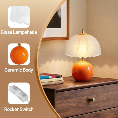 Mushroom Table Lamp, Ceramic Bedside Lamp with Glass Shade, 3-Way Lighting (2700K-5000K) Rocker Switch, Small Nightstand Lamp for Bedroom, Living Room, Office, Orange4