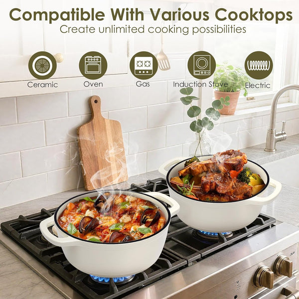 Enameled Cast Iron Dutch Oven Pot with Lid -  5QT Dutch Oven for Bread Baking with Cotton Potholders - Heavy-Duty Cookware for Braising, Stew, Roasting, Oven Safe up to 500°F, Cream White6