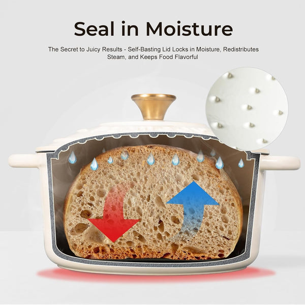 5.5QT Enameled Cast Iron Dutch Oven for Sourdough Bread, Slow Cooking & Home Meals, Beginner-Friendly Pot for Artisan Bread with Crispy Crust & Airy Interior, Easy to Clean, PFAS Free (White)6