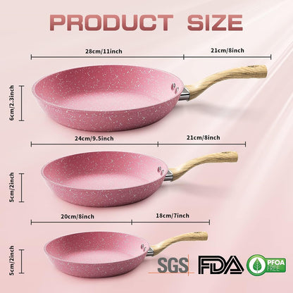 Frying Pan Nonstick Set, 8" & 9.5" & 11" Pink Egg Pan, Non Stick Fry Pan Set Pfoa-Free Omelet Pan, Toxin-Free Skillets Stone Cookware, Anti-Warp Base with All Stove Tops Available,Induction Compatible2