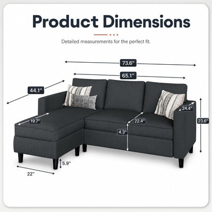 73.6" L-Shaped Small Sectional Sofa with Ottoman, Gray2