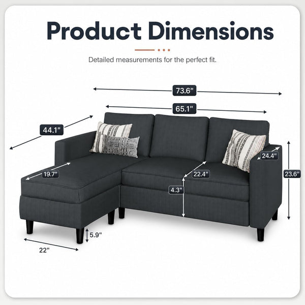 73.6" L-Shaped Small Sectional Sofa with Ottoman, Gray2