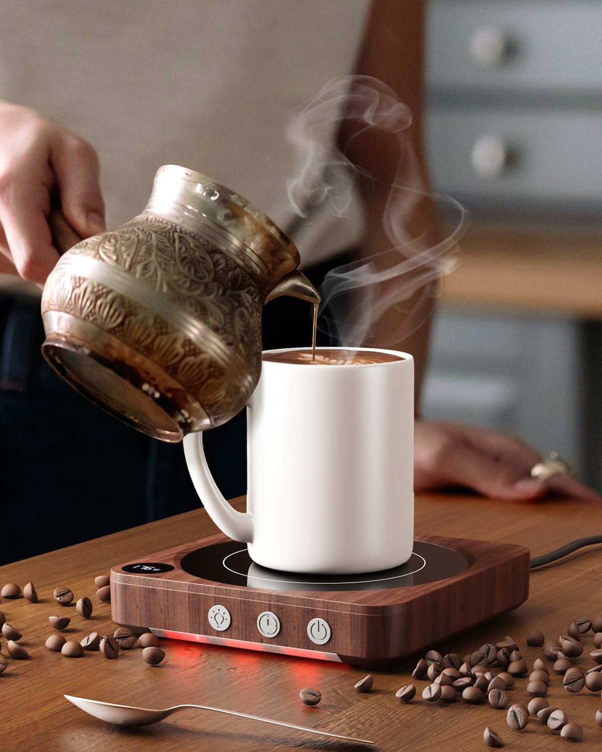 coffee-mug-warmer-for-desk-candle-warmer-plate-12h-timer-wood-fast-heating-to-176-f-led-display-color-coded-lights-temperature-memory-5-2-inch-plate-coffee-gifts