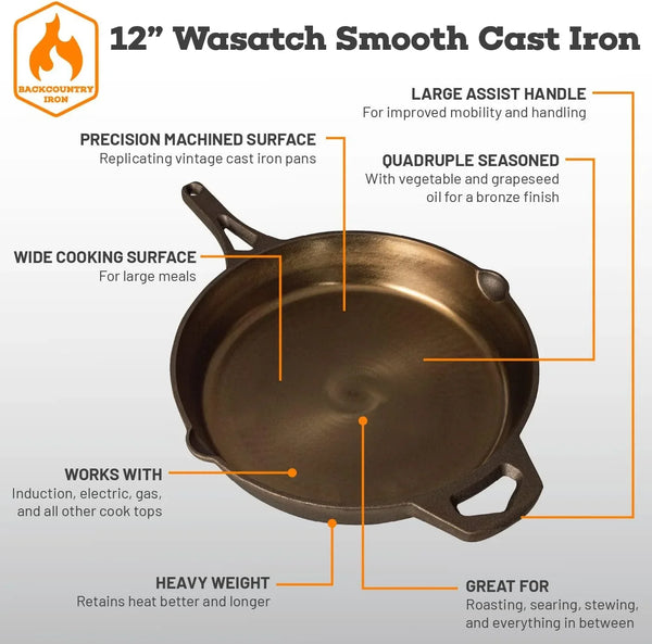 12 Inch Smooth Wasatch Pre-Seasoned round Cast Iron Skillet4