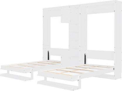 Dual Twin Murphy Bed with Cabinets and Shelves, Space Saving Wall Bed with Storage, Foldable Twin Beds with Convertible Shelf Legs for Guest Room, Small Space, White8