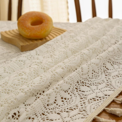 Cotton Linen Look Tablecloth Rectangle 86 Inch, Farmhouse Textured Tablecloth with Crochet Lace and Tassels, Vintage Table Cover for Dining Kitchen Wedding Party 60"X60"7