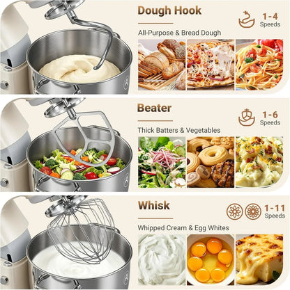 8.5QT Commercial Stand Mixer 1000W with Aluminum Die Casting Meets the Standard of NSF/ANSI 8-2023, 11 Speeds Electric Stand Mixer, Tilt-Head Dough Mixer with Bowl, Dough Hook, Whisk and Beater3