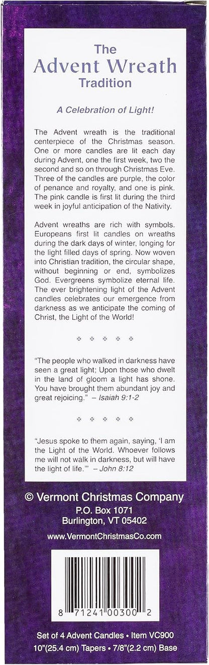 Christmas Advent Candle Set (Set of 4) - Made in the U.S.A. - 10 Inch Wax Taper Candles - 3 Purples Candles & 1 Pink Candle5