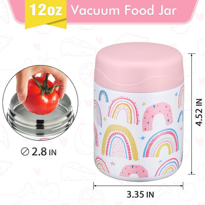 12Oz Soup Thermo for Hot Food Kids Insulated Food Jar Wide Mouth Lunch Container Leak Proof Stainless Steel Vacuum Bento Box for School Office Travel Outdoors White-Rainbow5