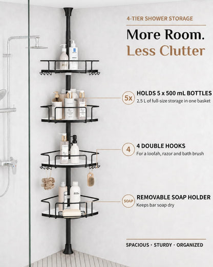 Two-Tone Corner Shower Caddy Tension Pole for Bath Shampoo Storage5