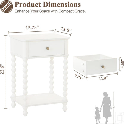 White Nightstand, Small Side Table with Drawer for Living Room, Farmhouse End Bedside Table with Spindle Wood Legs for Bedroom, Office, White3