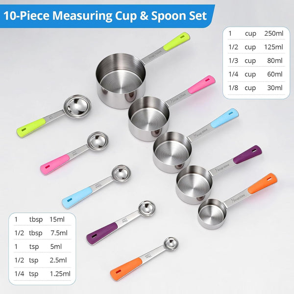 Measuring Cups and Spoons Set Stainless Steel 10 Piece for Cooking and Baking (5 Cups + 5 Spoons, Colorful Handles)2