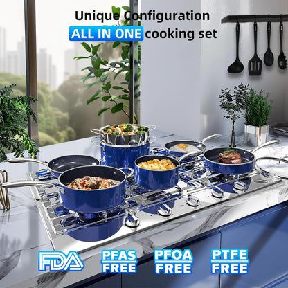 Deluxe  14PC Healthy Pots and Pan with 9H Anti-Scratch Coating, 2-Layer Non-Stick Ceramic&Pfas Free, Sensitively&Evenly Induction Cooking, Enhanced Flavor with Infrared Cookware, Dishwasher Safe3