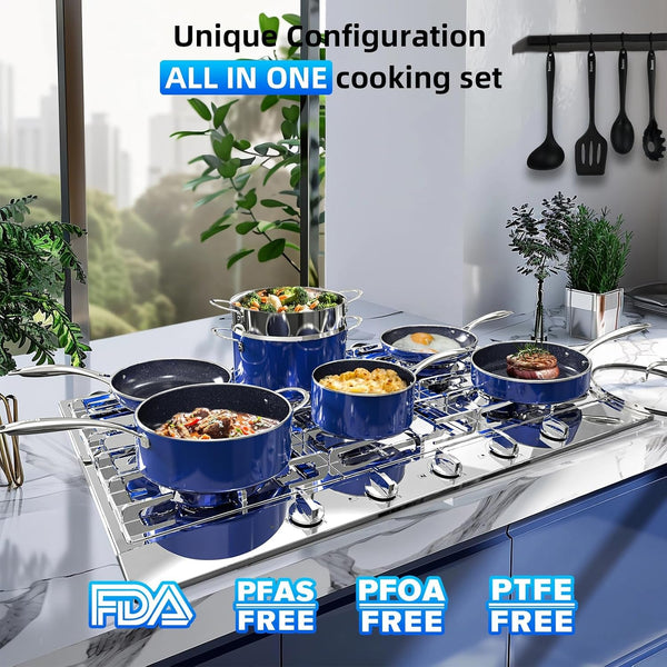 Deluxe  14PC Healthy Pots and Pan with 9H Anti-Scratch Coating, 2-Layer Non-Stick Ceramic&Pfas Free, Sensitively&Evenly Induction Cooking, Enhanced Flavor with Infrared Cookware, Dishwasher Safe3