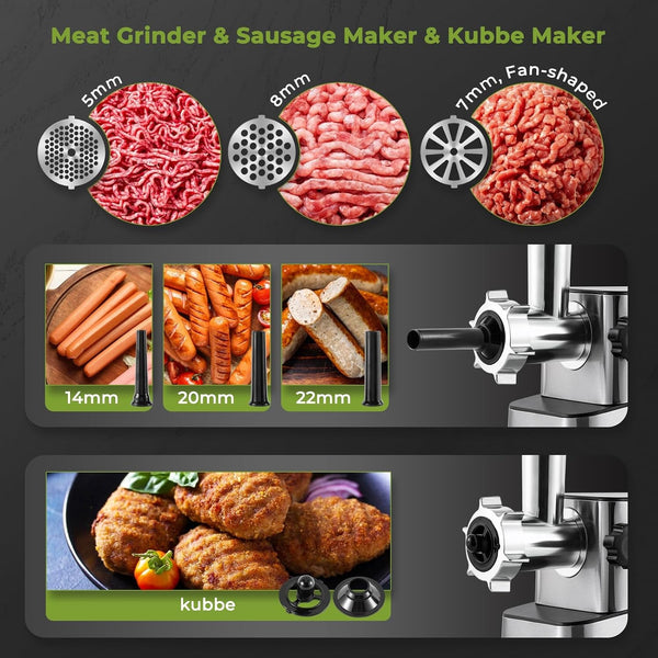 Electric Meat Grinder 3200W Multi-Functional with Storage Function | High Output Heavy Duty, with Stainless Steel Blades&Grinding Plates, Sausage Stuffers, Kubbe Kit, Home Use&Commercial Kitchen3