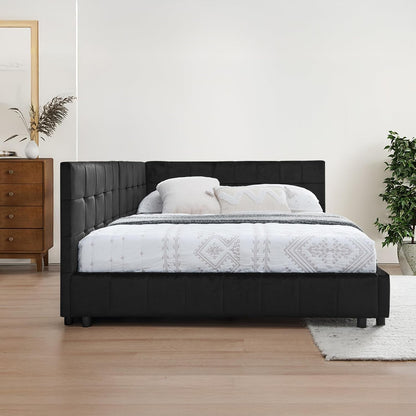 Full Size Daybed L-Shaped, Modern Velvet Upholstered Sofa Day Bed Frame with Wood Slats for Living Room Bedroom Guest Room, No Box Spring Needed, Black6