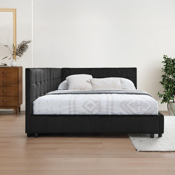 Full Size Daybed L-Shaped, Modern Velvet Upholstered Sofa Day Bed Frame with Wood Slats for Living Room Bedroom Guest Room, No Box Spring Needed, Black6