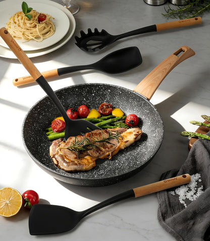 Large Silicone Kitchen Utensils Set, 6 PCS Nonstick Cooking Utensils Set with Wooden Handle, Heat Resistant and BPA Free Silicone Utensil Spatula Set for Cooking with Turner, Spoon and Ladle(Black)2