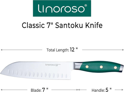 Santoku Knife 7 Inch Meat Kitchen Chef Knife with Premium Gift Box, Vegetables Knives High Carbon Stainless Steel Sharp Knife with Ergonomic Green Handle, Christmas Gifts for Women and Men7