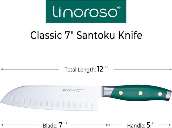 Santoku Knife 7 Inch Meat Kitchen Chef Knife with Premium Gift Box, Vegetables Knives High Carbon Stainless Steel Sharp Knife with Ergonomic Green Handle, Christmas Gifts for Women and Men7