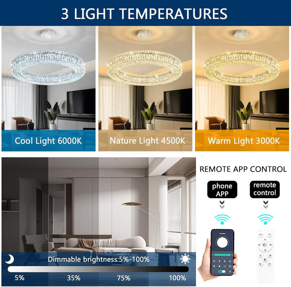 Modern Crystal Chandeliers for Living Room Dimmable LED Pendant Lighting for Dining Room Ring Handing Light Fixture for Bedroom Foyer Silver4