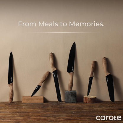 12-Piece Knife Set, Knives with Wood-Grain Finish Handles, Black | 6 Blade Guards, Stainless Steel Blade, Ceramic Nonstick Coating, Long-Lasting Sharpness, Rust-Resistant, Kitchen, Camping, RV7