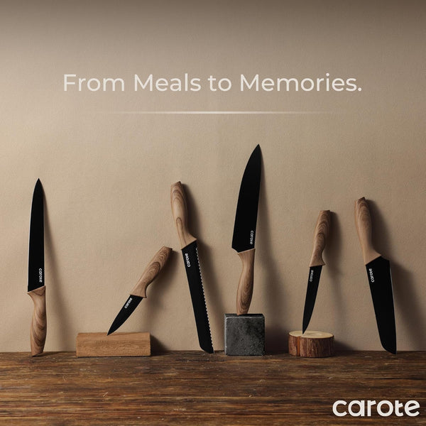 12-Piece Knife Set, Knives with Wood-Grain Finish Handles, Black | 6 Blade Guards, Stainless Steel Blade, Ceramic Nonstick Coating, Long-Lasting Sharpness, Rust-Resistant, Kitchen, Camping, RV7