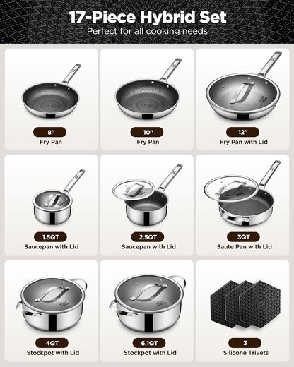 Pots and Pans Set Hybrid Stainless Steel, 17PC Nonstick Tri-Ply Cookware Set W/Frying Pan, Dishwasher & Oven Safe, Pfoa-Free, Metal Utensil Safe, Suitable for All Cooktops2