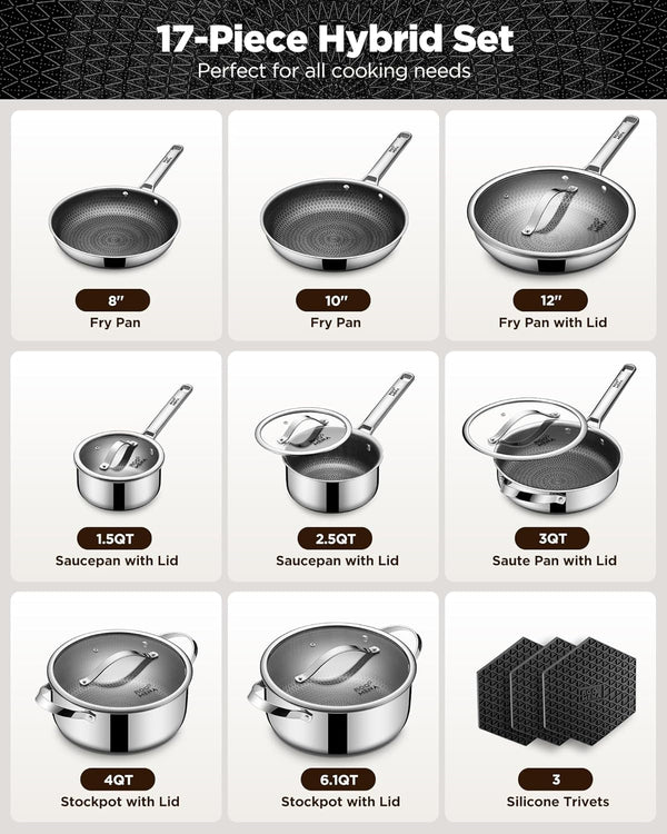 Pots and Pans Set Hybrid Stainless Steel, 17PC Nonstick Tri-Ply Cookware Set W/Frying Pan, Dishwasher & Oven Safe, Pfoa-Free, Metal Utensil Safe, Suitable for All Cooktops2