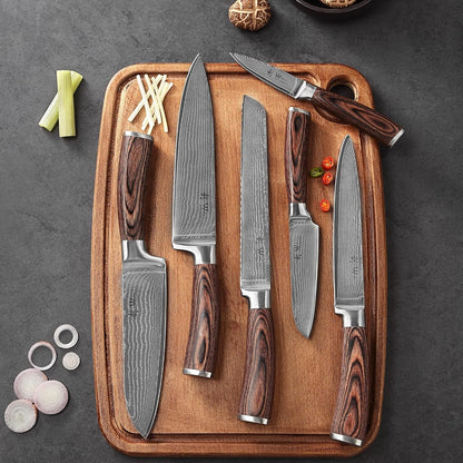 EDIB Damascus Chef Knife Set, VG10 Core Blades, 6-Pcs Kitchen Knives | Six Damascus Chef Knives with 67-Layer VG10 Damascus Steel for All Kitchen Needs, Pakkawood Handles and Wooden Gift Box5