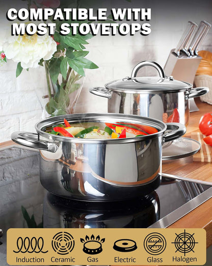 Kitchen Cookware Sets, 12-Piece Basic Stainless Steel Pots and Pans, Silver | Stay-Cool Handle, Induction Compatible, Dishwasher and Oven Safe3