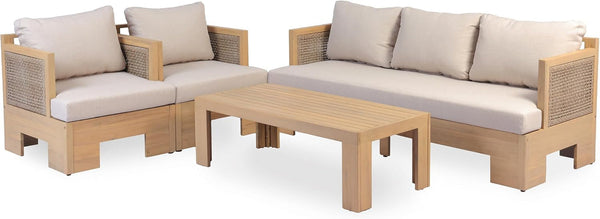 Mason 4 Piece Patio Furniture Set with 3-Seater Sofa, Club Chairs and Coffee Table, 5 Seater Outdoor Acacia Wood Conversation Set, Patio Sofa Set, Light Teak+Light Brown+Beige6