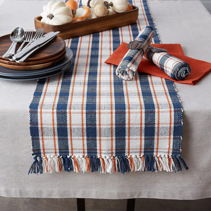 Thanksgiving & Fall Table Decoration Autumn Farmhouse Plaid, Ribbed Table Runner, 13X72, Blue & Orange2