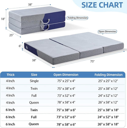 Foldable Mattress Twin Size, 6 Inch Cooling Folding Mattress/Topper, Breathable Absorbs Heat Fabric, Washable Trifold Memory Foam Mattress, Portable Floor Bed for Guest, Yoga, Camping2