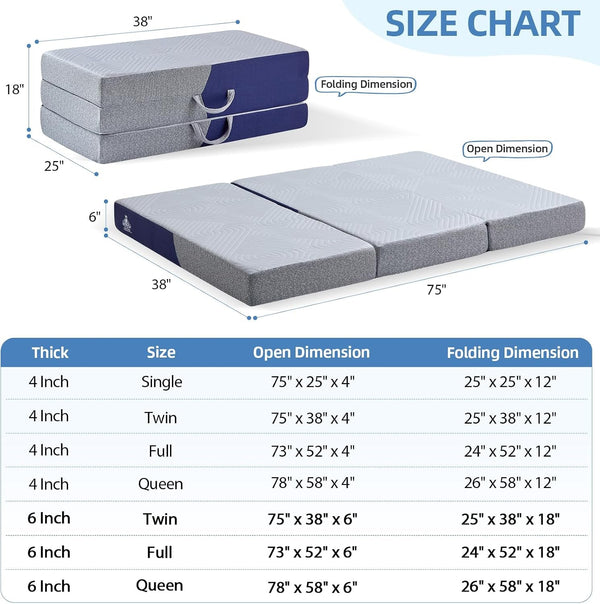 Foldable Mattress Twin Size, 6 Inch Cooling Folding Mattress/Topper, Breathable Absorbs Heat Fabric, Washable Trifold Memory Foam Mattress, Portable Floor Bed for Guest, Yoga, Camping2