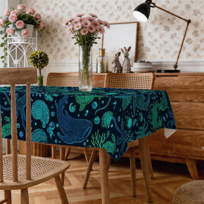Octopus Rectangle Table Cloth, Nautical Fanciful Shell Coral Summer Teal Stain Resistant Washable Table Linens Party Supplies for Kitchen Banquet Picnic Camping 60X86 Inch3