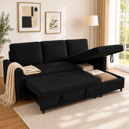 77 Inch Sectional Sleeper Sofa with Pull Out Bed, Modern L-Shaped Corduroy Convertible Couch with Storage Chaise, Reversible Sofa Bed for Small Spaces, Apartment, Black1