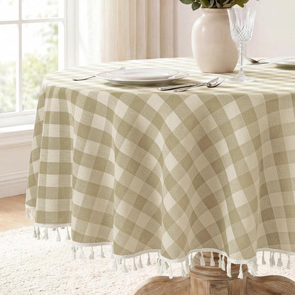 Gingham Tassel 70 Inch round Tablecloth, Beige1