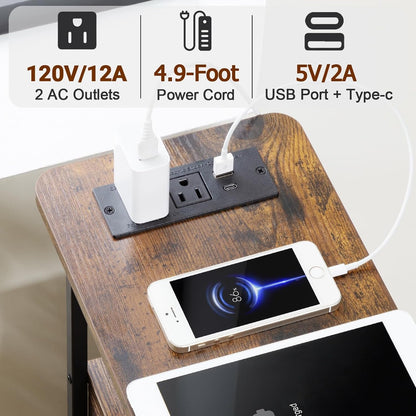 Narrow End Table with Charging Station, Side Tables Living Room | End Tables Living Room Set of 2, Skinny Nightstand with Fabric Drawers for Bedroom, Small Spaces, Rustic Brown5