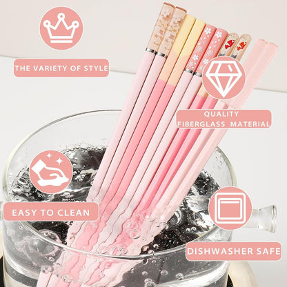 5 Pairs Pink Fiberglass Chopsticks, Non-Slip Reusable | Food-Safe, Heat-Resistant to 356°F, Dishwasher-Safe, Lightweight, Ergonomic Grip, Unique Family Set, Ideal for Sushi/Ramen2