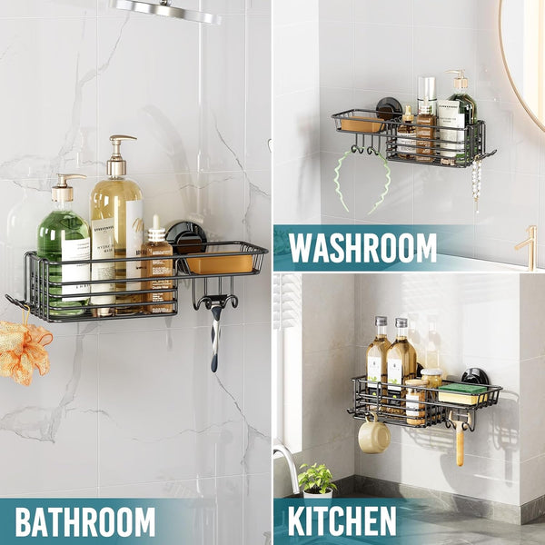 Shower Caddy Suction Cup with Hooks and Soap Holder, Black4
