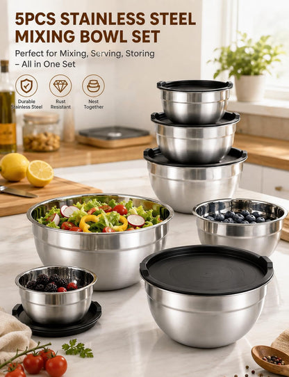 Stainless Steel Mixing Bowl Set with Lids, 5PCS Kitchen Food Prep Bowls2