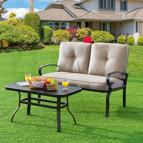 Patio Loveseat with Table Set, 2 Seat Cushioned Sofa with Coffee Table, Patio Conversation Sofa Set with Rustproof Frame, 2 Pieces Outdoor Furniture Set for Garden, Poolside, Balcony (Beige)3