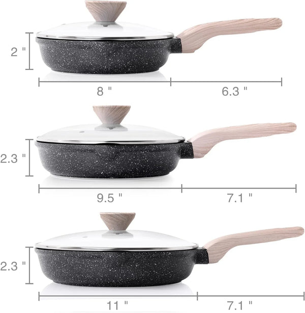 Nonstick Frying Pan Set with Lids, 3 Piece Skillet Set, Healthy Induction Cooking Pan, Stay-Cool Handle, Compatible with All Stovetops, PFOA Free (8, 9.5, 11 Inch)6