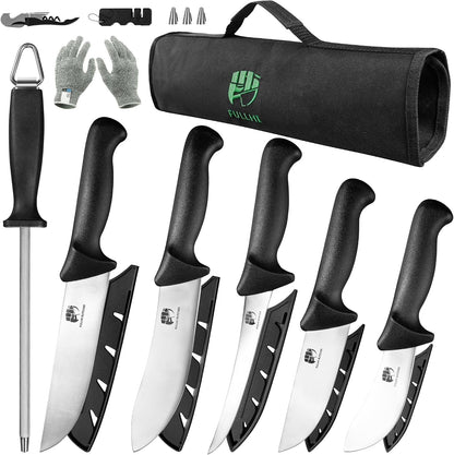 13Pcs Chef/Butcher Fish Knife Set, High Carbon Steel Hand Forged Boning Bbq Knife Set with Bag for Kitchen, Camping, BBQ (Black, 11 Pcs)1