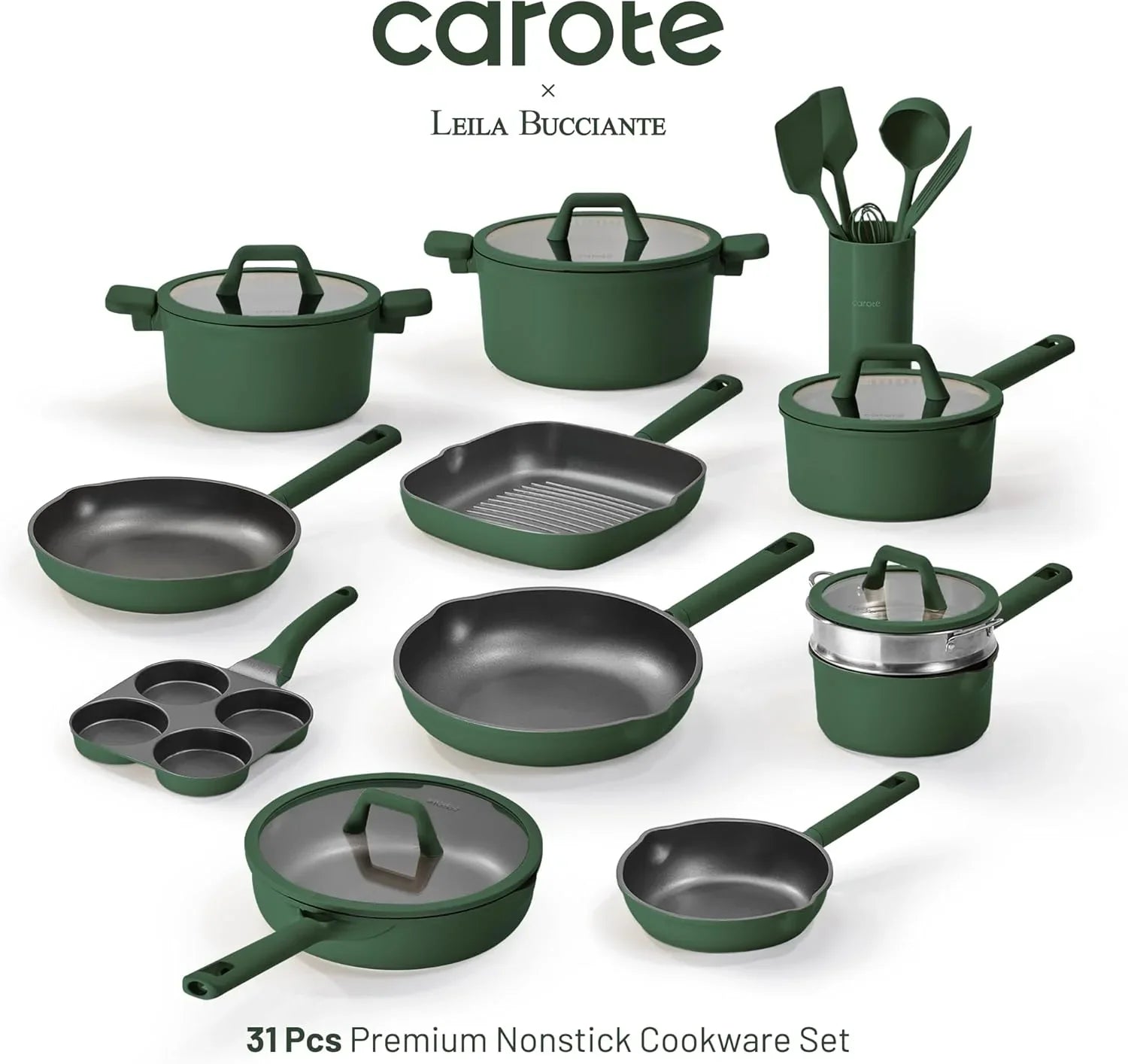 31-piece green granite nonstick cookware set with pots, pans, griddle, and utensils by Carote